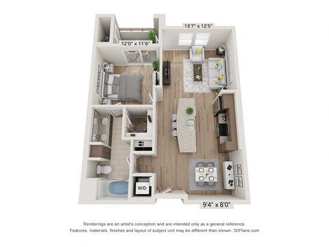 Floor plan for 1 bed, 1 bath, 796 sqft